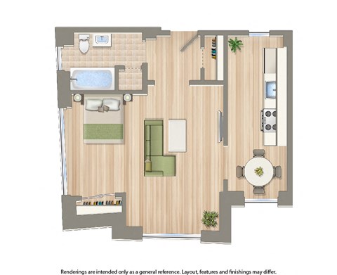 studio floor plan rendering at the dahlia apartments in washington dc